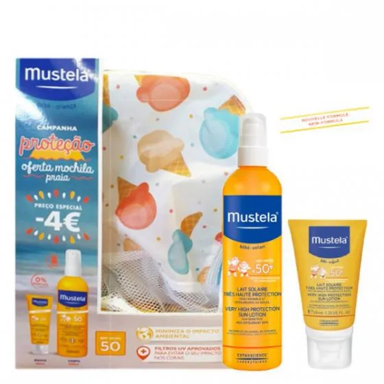 Mustela Bebe Solar Spray SPF50 200ml + Solar Milk Face SPF50+ 40ml OFFER  Blue Beach Backpack