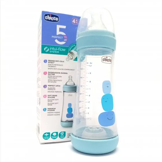 Chicco Perfect5 Feeding Bottle Blue 300ml Fast Silicone