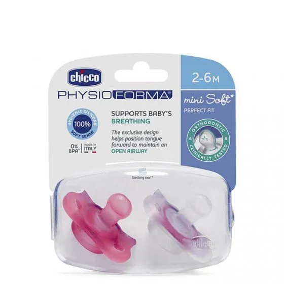 Chicco Chupeta Silicone Phisio Forma Mini Soft 2-6M 2 Units Pink/Neutral