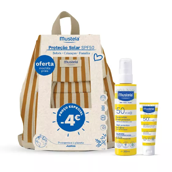 Mustela Bebe Solar Spray SPF50 200ml + Solar Milk Face SPF50+ 40ml+ OFFER Yellow Beach Backpack