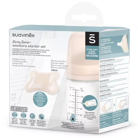 Suavinex Zero.Zero Newborn Starter Set Physiological Pacifier SX Pro 0-2M Silicone + Anticollic Bottle 180ml