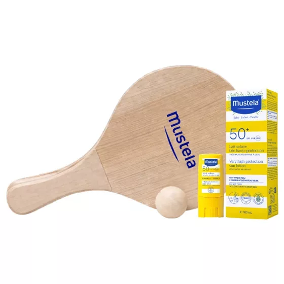 Mustela Leite Solar SPF50+ 100ml + Stick SPF50 9ml + Raquetes de Praia