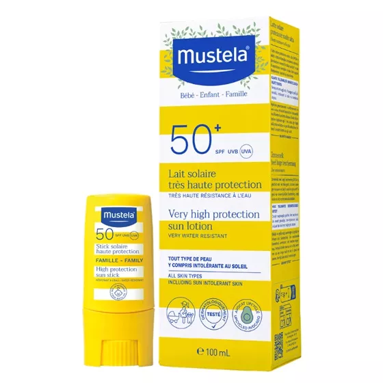 Mustela Leite Solar SPF50+ 100ml + Stick SPF50 9ml + Raquetes de Praia